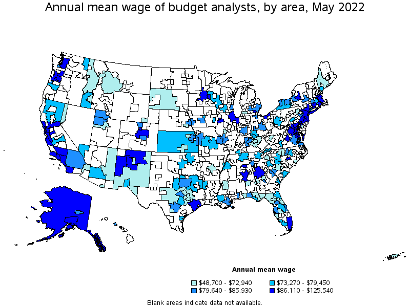 Map of annual mean wages of budget analysts by area, May 2022