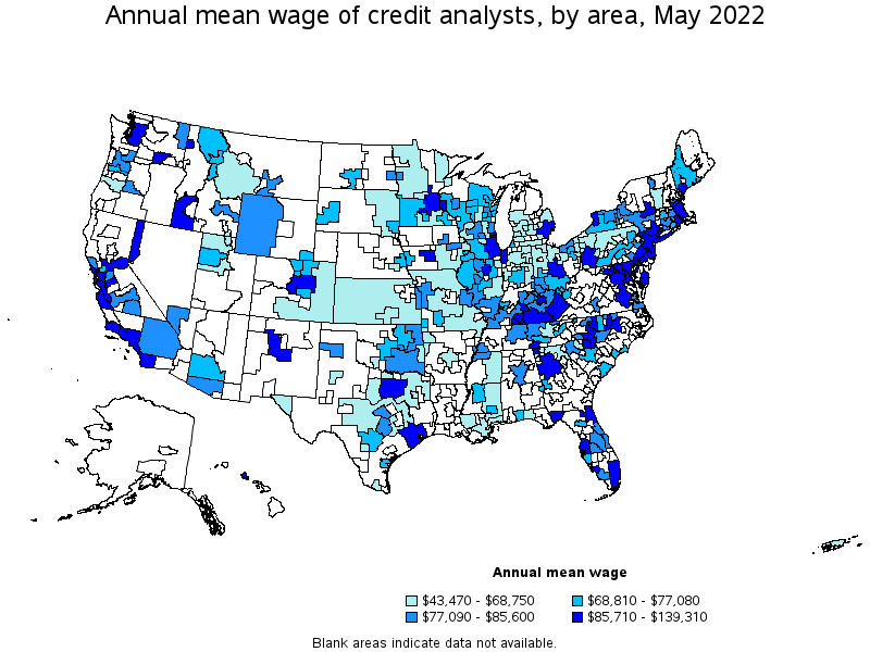 Map of annual mean wages of credit analysts by area, May 2022