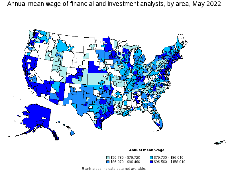Map of annual mean wages of financial and investment analysts by area, May 2022