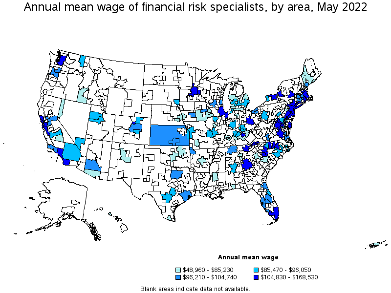 Map of annual mean wages of financial risk specialists by area, May 2022