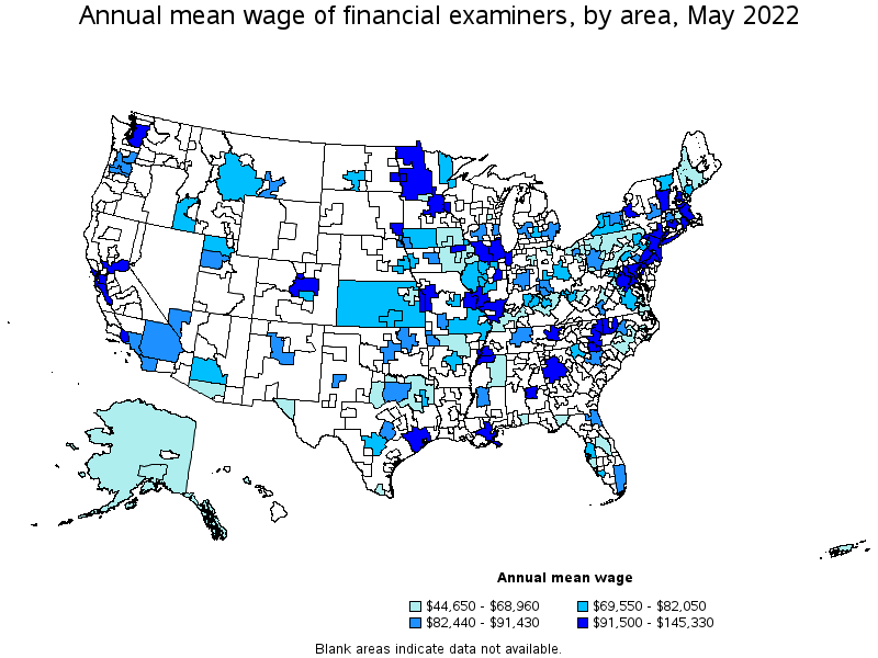 Map of annual mean wages of financial examiners by area, May 2022