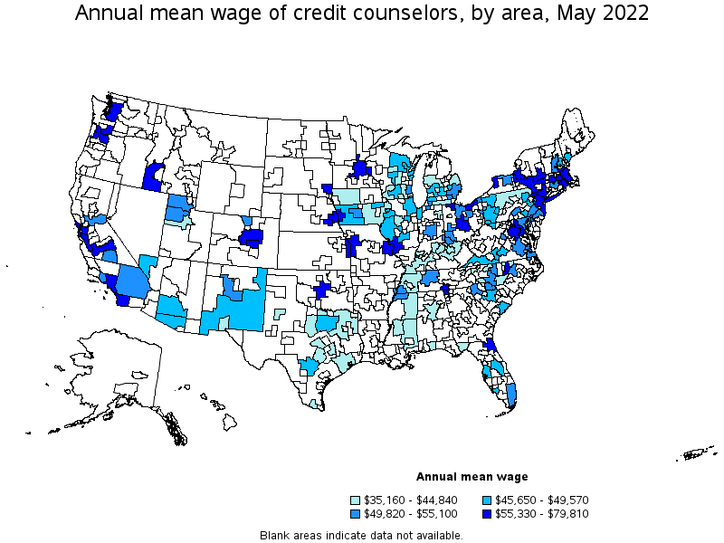 Map of annual mean wages of credit counselors by area, May 2022