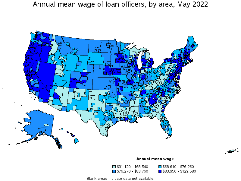 Map of annual mean wages of loan officers by area, May 2022