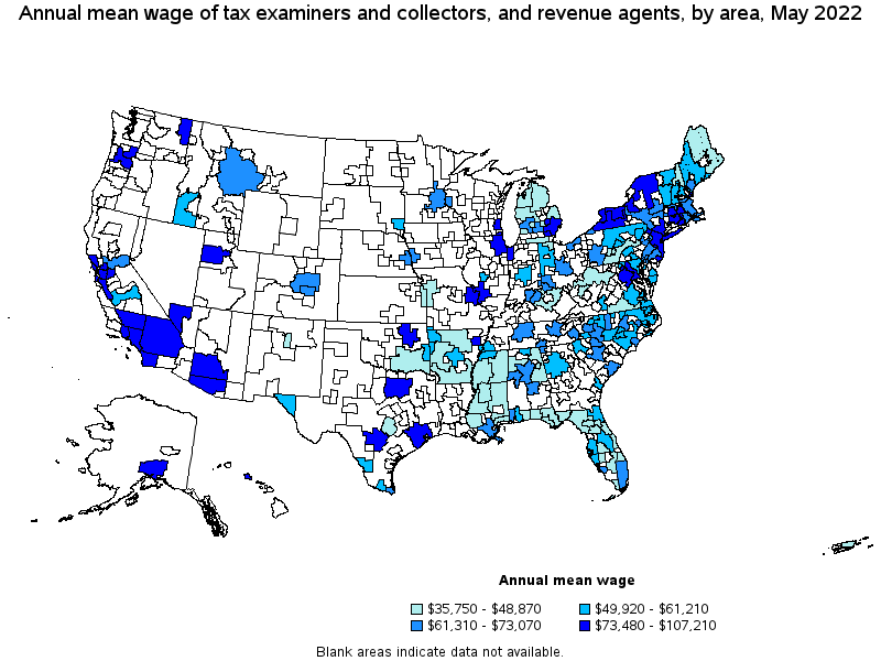 Map of annual mean wages of tax examiners and collectors, and revenue agents by area, May 2022