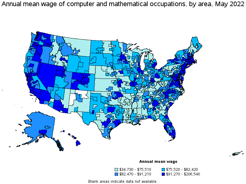 Map of annual mean wages of computer and mathematical occupations by area, May 2022