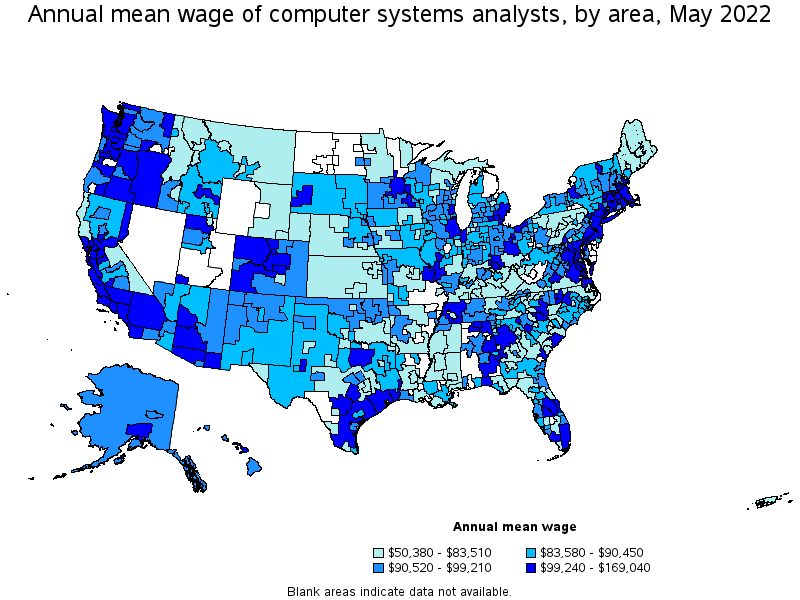 Map of annual mean wages of computer systems analysts by area, May 2022