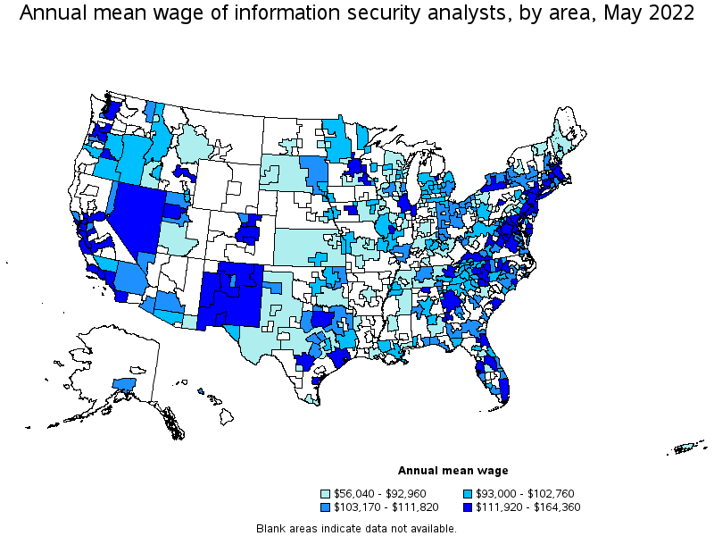 Map of annual mean wages of information security analysts by area, May 2022