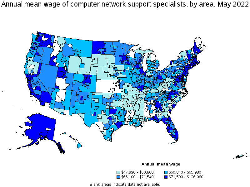 Map of annual mean wages of computer network support specialists by area, May 2022