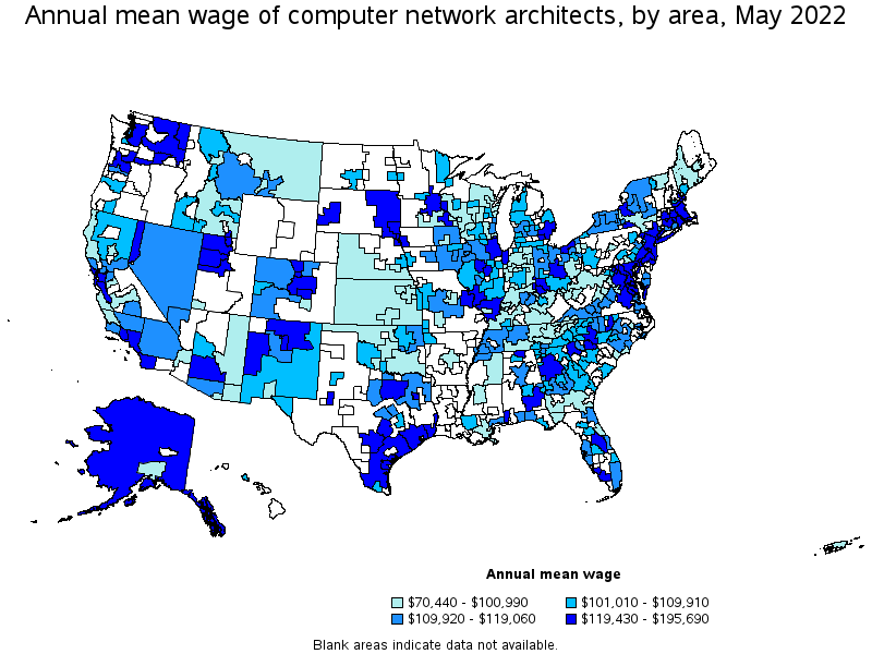 Map of annual mean wages of computer network architects by area, May 2022