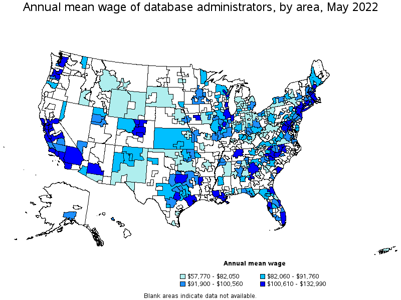Map of annual mean wages of database administrators by area, May 2022