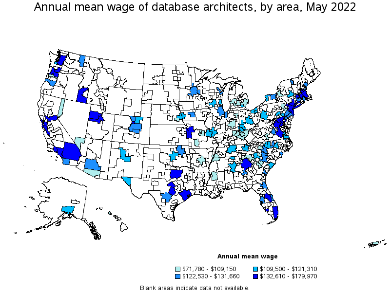 Map of annual mean wages of database architects by area, May 2022