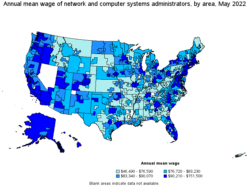 Map of annual mean wages of network and computer systems administrators by area, May 2022