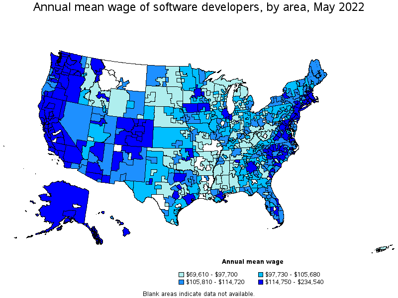Map of annual mean wages of software developers by area, May 2022