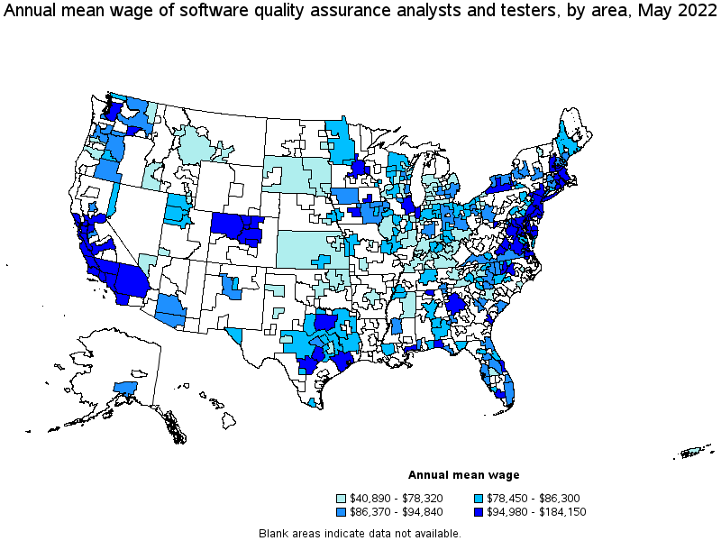 Map of annual mean wages of software quality assurance analysts and testers by area, May 2022