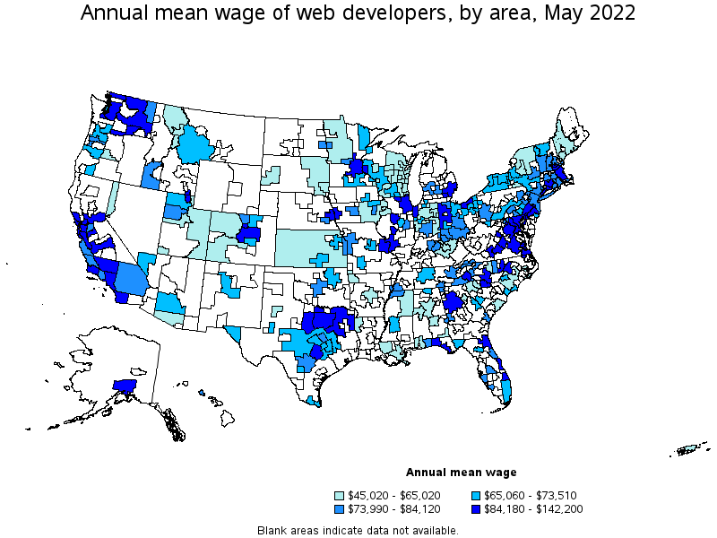 Map of annual mean wages of web developers by area, May 2022