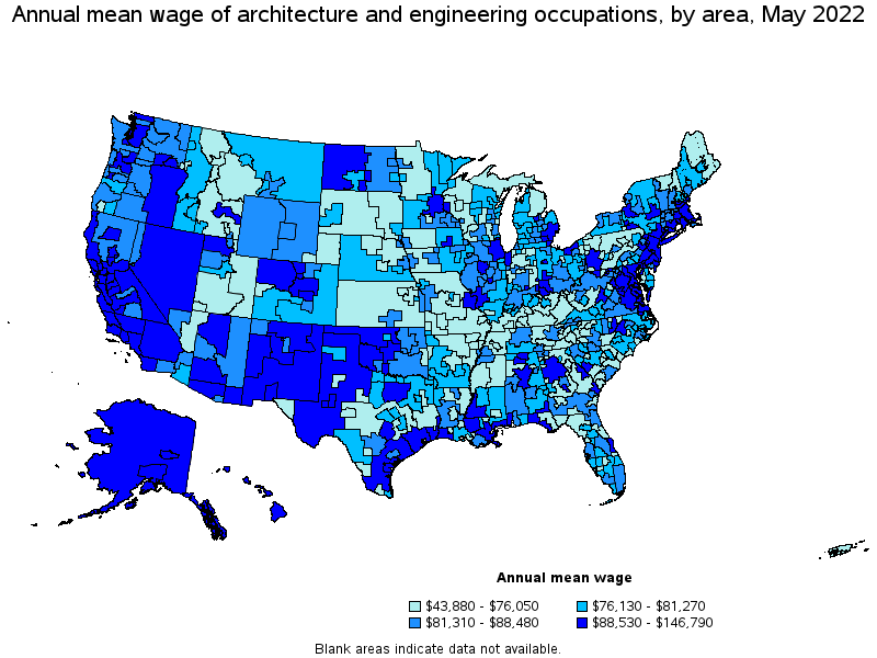 Map of annual mean wages of architecture and engineering occupations by area, May 2022