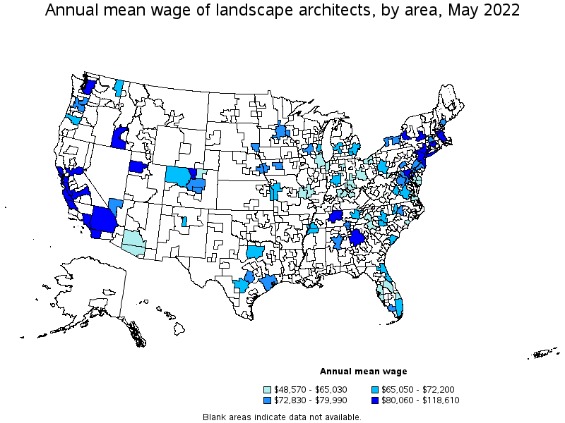 Map of annual mean wages of landscape architects by area, May 2022