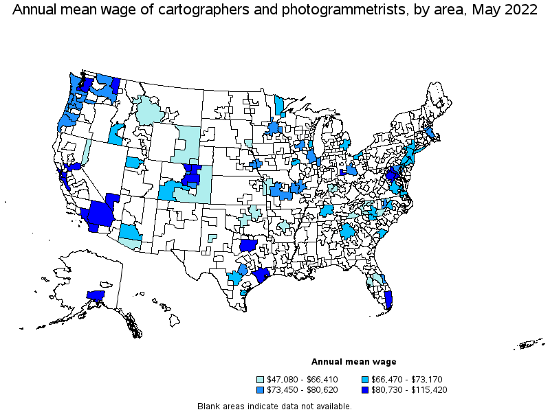 Map of annual mean wages of cartographers and photogrammetrists by area, May 2022