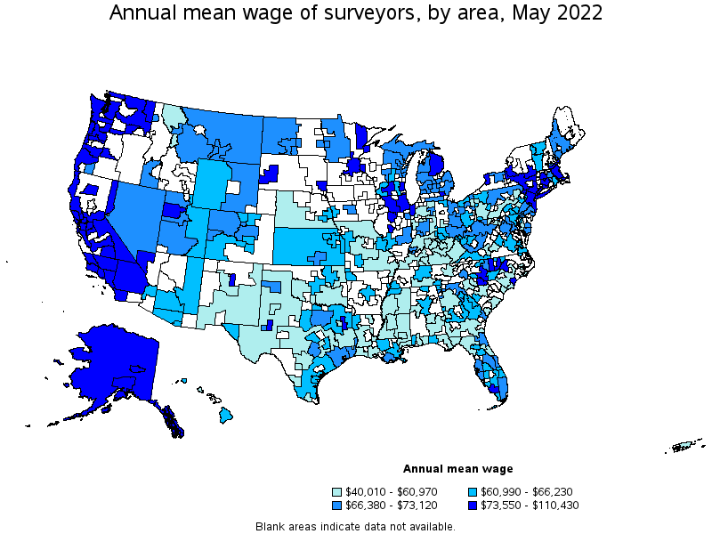 Map of annual mean wages of surveyors by area, May 2022