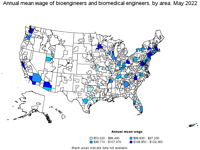 Map of annual mean wages of bioengineers and biomedical engineers by area, May 2022