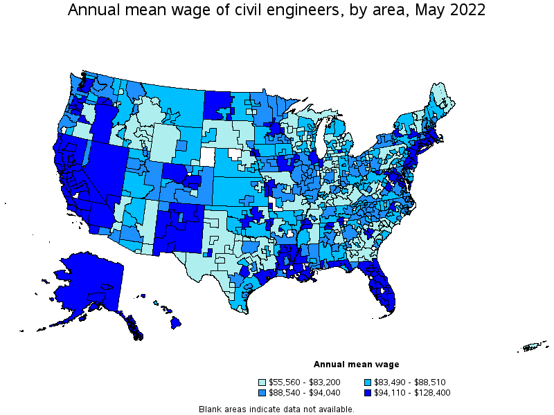 Map of annual mean wages of civil engineers by area, May 2022