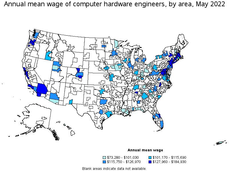 Map of annual mean wages of computer hardware engineers by area, May 2022