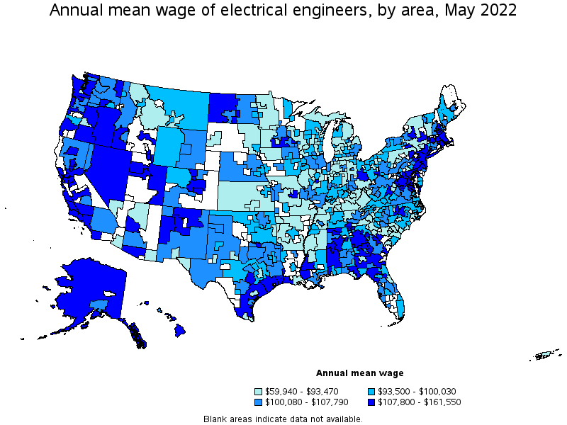 Map of annual mean wages of electrical engineers by area, May 2022