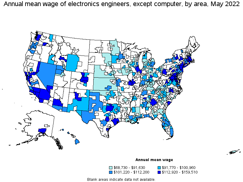 Map of annual mean wages of electronics engineers, except computer by area, May 2022