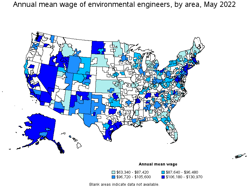 Map of annual mean wages of environmental engineers by area, May 2022