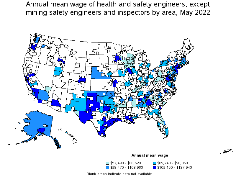 Map of annual mean wages of health and safety engineers, except mining safety engineers and inspectors by area, May 2022