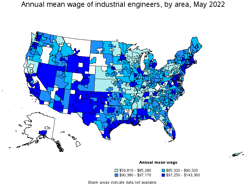 Map of annual mean wages of industrial engineers by area, May 2022