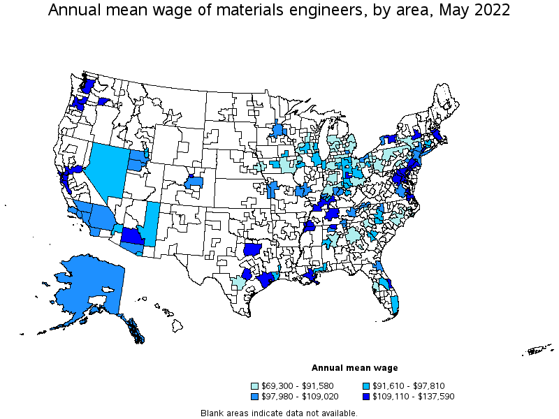 Map of annual mean wages of materials engineers by area, May 2022