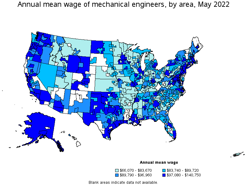 Map of annual mean wages of mechanical engineers by area, May 2022