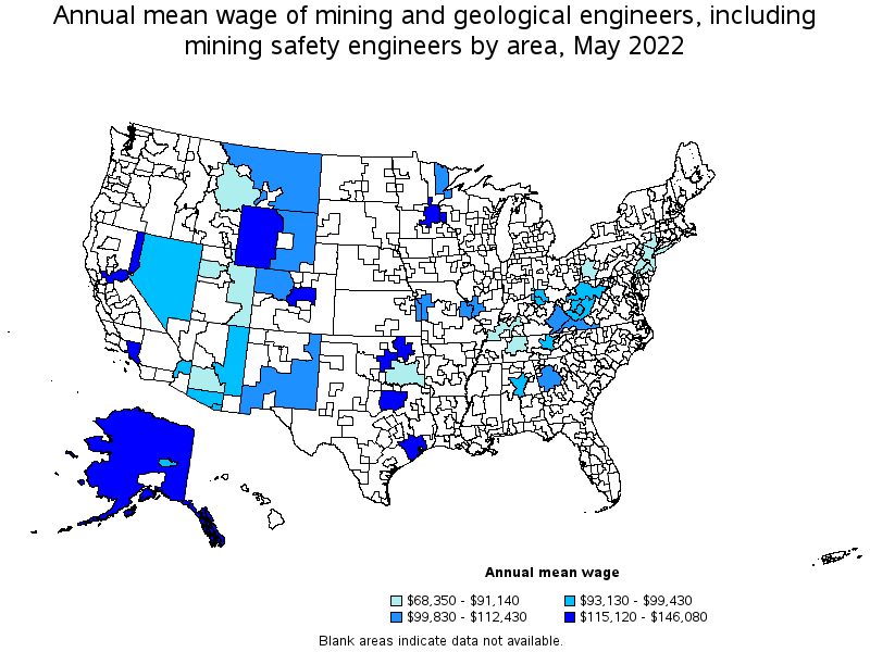 Map of annual mean wages of mining and geological engineers, including mining safety engineers by area, May 2022