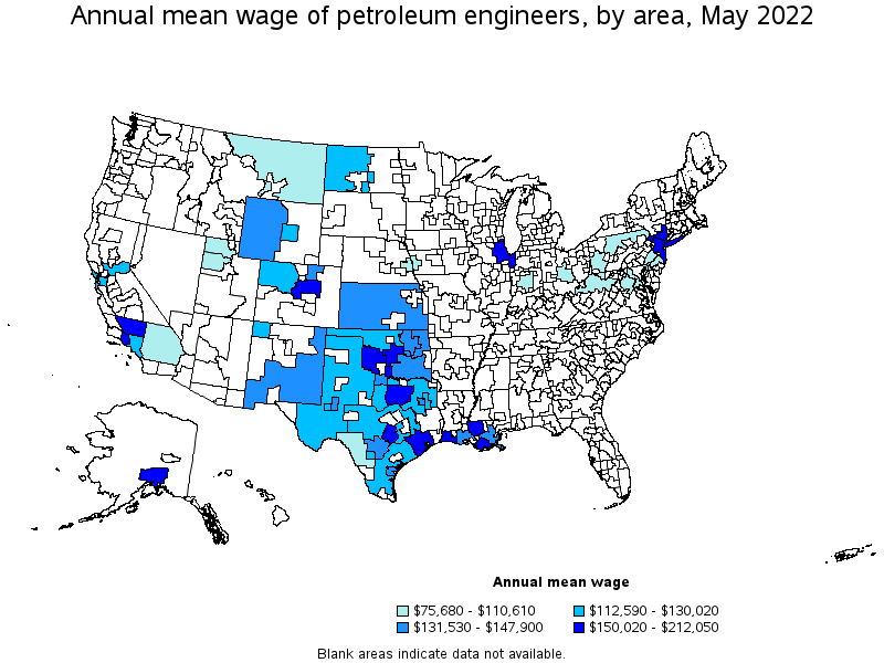 Map of annual mean wages of petroleum engineers by area, May 2022