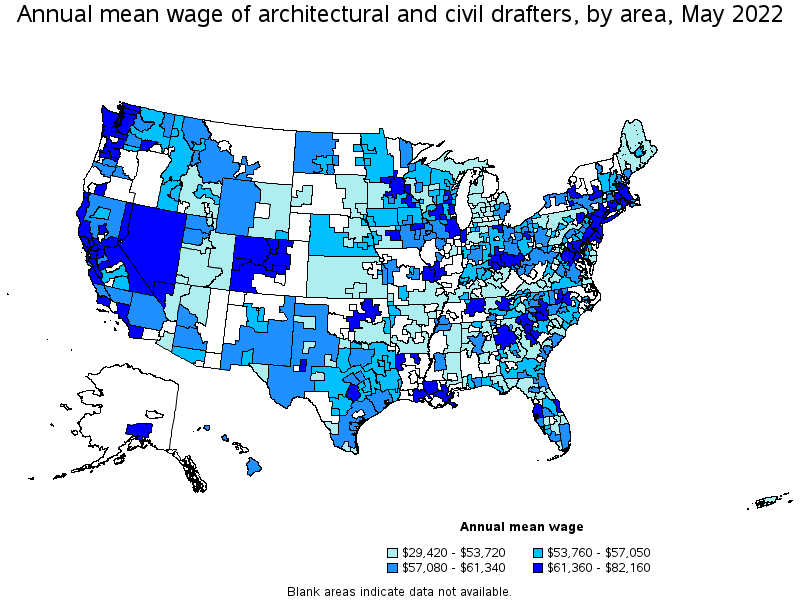 Map of annual mean wages of architectural and civil drafters by area, May 2022