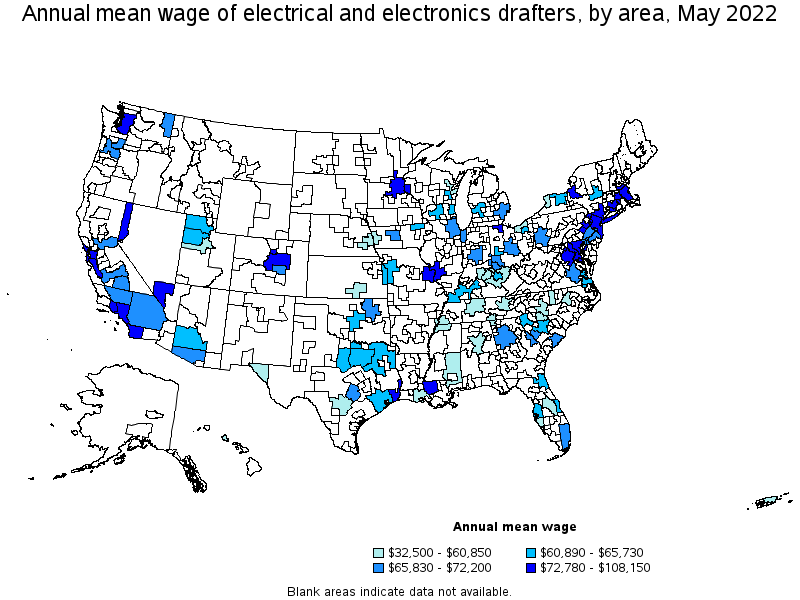 Map of annual mean wages of electrical and electronics drafters by area, May 2022