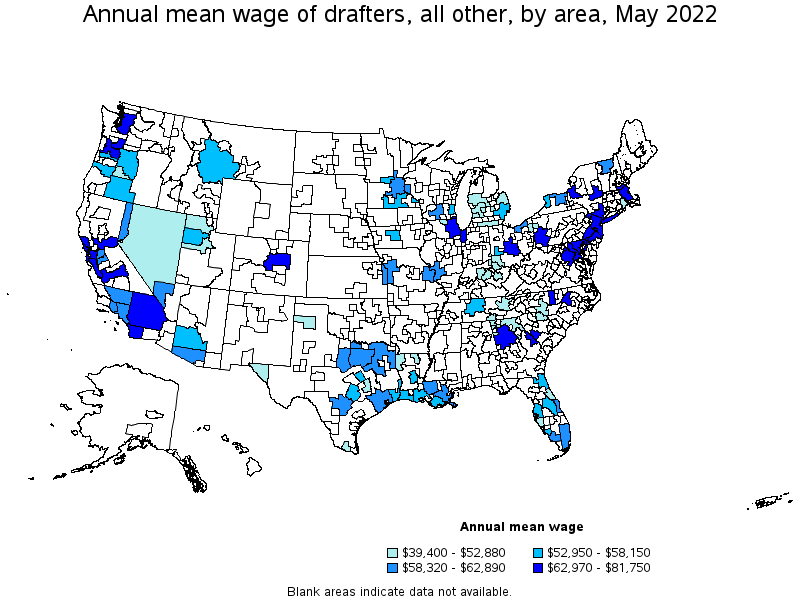 Map of annual mean wages of drafters, all other by area, May 2022