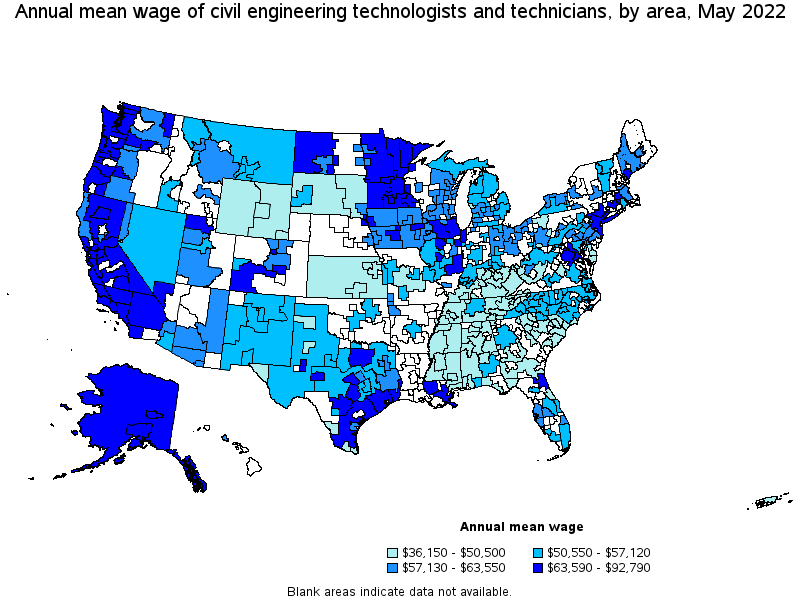 Map of annual mean wages of civil engineering technologists and technicians by area, May 2022