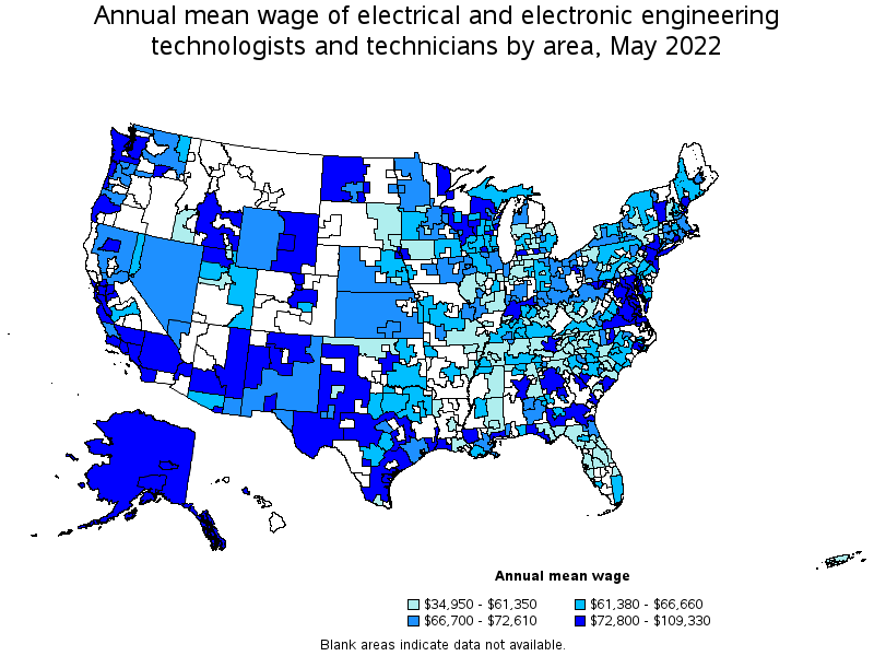 Map of annual mean wages of electrical and electronic engineering technologists and technicians by area, May 2022