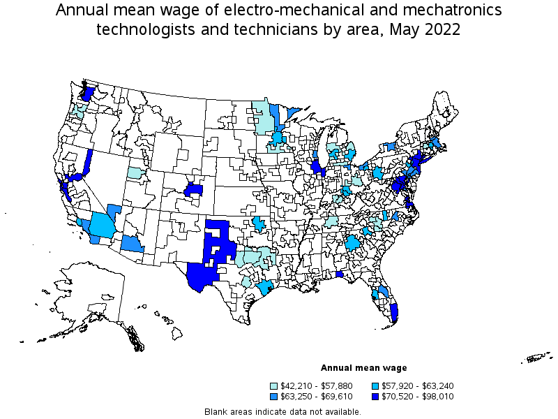 Map of annual mean wages of electro-mechanical and mechatronics technologists and technicians by area, May 2022