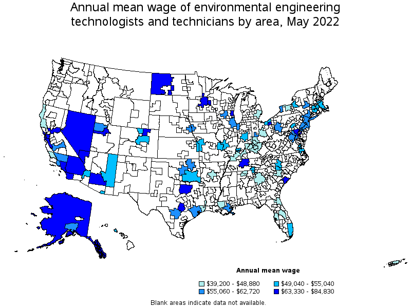Map of annual mean wages of environmental engineering technologists and technicians by area, May 2022