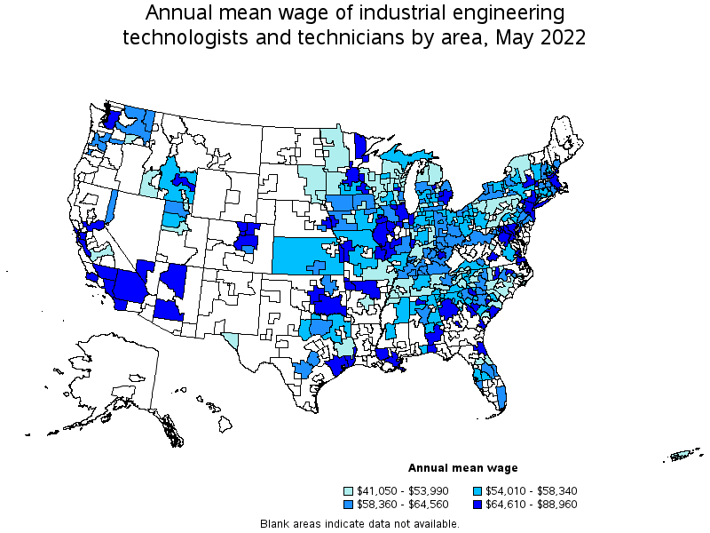 Map of annual mean wages of industrial engineering technologists and technicians by area, May 2022