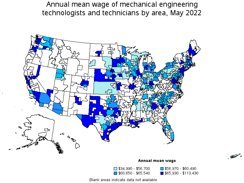 Map of annual mean wages of mechanical engineering technologists and technicians by area, May 2022