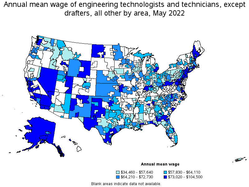 Map of annual mean wages of engineering technologists and technicians, except drafters, all other by area, May 2022