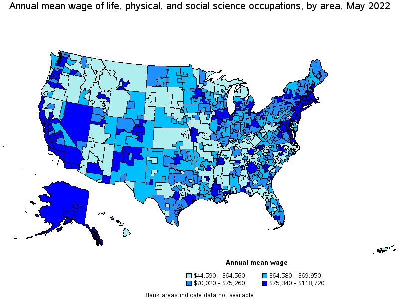 Map of annual mean wages of life, physical, and social science occupations by area, May 2022