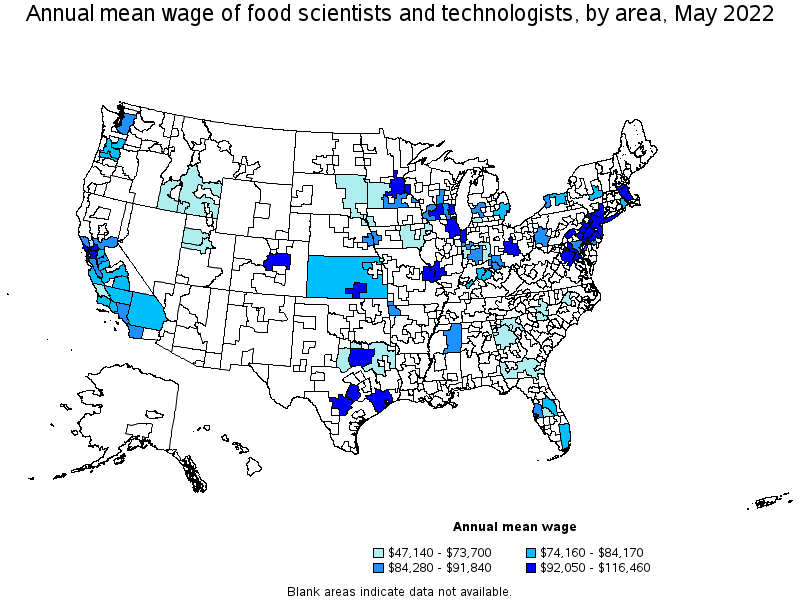 Map of annual mean wages of food scientists and technologists by area, May 2022
