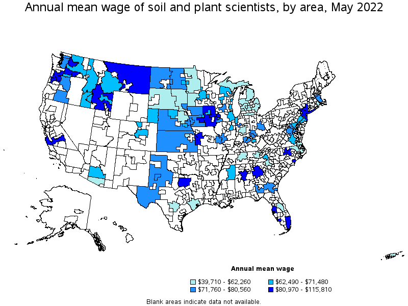 Map of annual mean wages of soil and plant scientists by area, May 2022