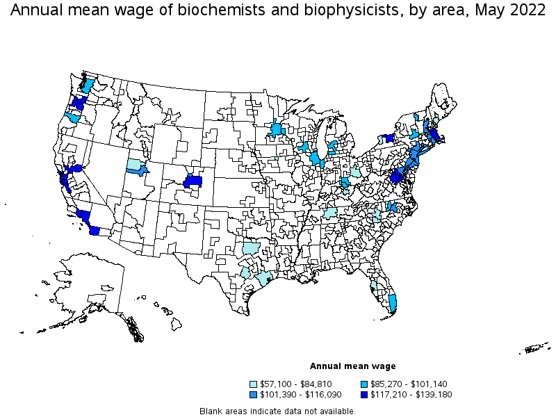Map of annual mean wages of biochemists and biophysicists by area, May 2022