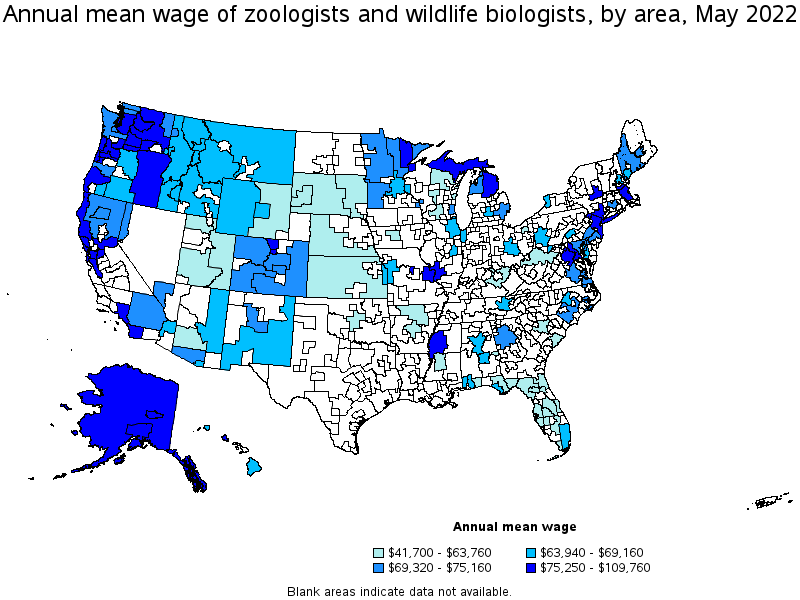 Map of annual mean wages of zoologists and wildlife biologists by area, May 2022